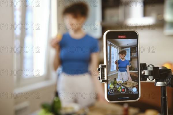 Food blogger is preparing smashed broccoli with cheese in a kitchen. She holds a piece of broccoli