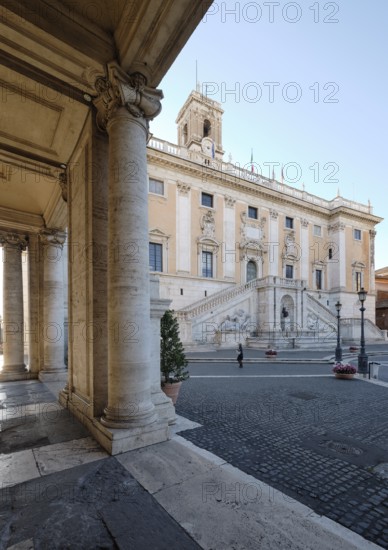 Columns of the Palazzo Nuovo in the morning light, behind the Senators' Palace (Palazzo Senatorio),