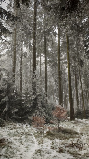 Snowy trees create a peaceful and quiet winter landscape in the forest, Rennsteig, Thuringian