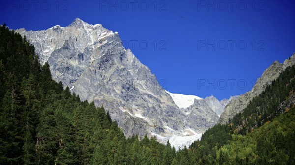 Impressive rocky mountain landscape with dense green forests, Chalaadi Glacier, Georgia