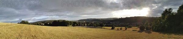 Wide field in sunset light surrounded by trees and cloudy sky