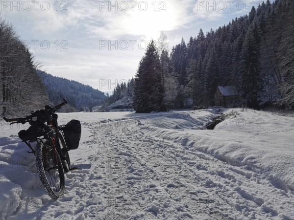 Snowy landscape with bike and hut surrounded by forest under the winter sun