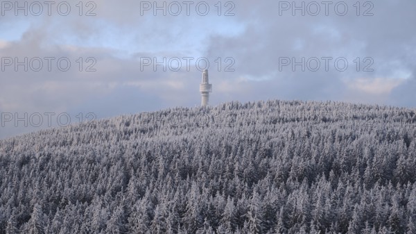 A snow-covered forest and a remote observation tower on a hill, view from Nusshardt towards
