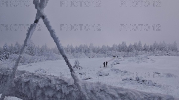 Snowy landscape with hikers and forest in the background. Twilight, quiet atmosphere, Schneeberg,