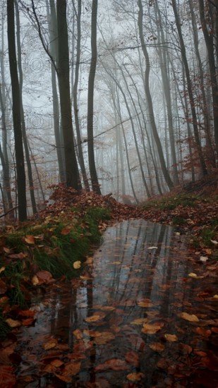 Forest trail with autumn leaves and a puddle under a foggy sky, mystical, romantic, Thuringian