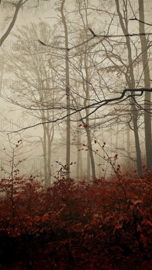 Picturesque foggy forest scene with dark trees and red autumn leaves, mystical, romantic,