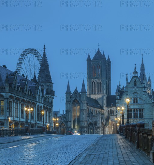 Ghent, Belgium, Flanders. The Cathedral and Historical Town from a bridge. UNESCO