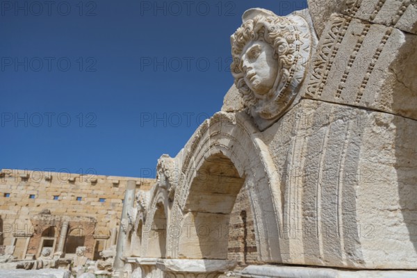 Leptis Magna, Libya, North Africa. The Medusa head on archaeological remains from the majestic