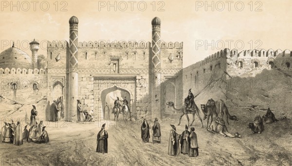City gates in old Tehran, Iran, authentic, digitally restored reproduction from a 19th century