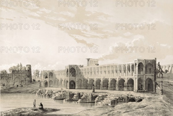 Pont Kadiou Bridge in Shiraz, Iran, authentic, digitally restored reproduction from a 19th century