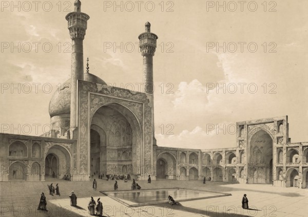 Courtyard, Great Mosque in Isfahan, Iran, authentic, digitally restored reproduction from a 19th