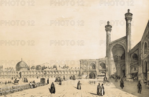 Entrance to the great mosque in Isfahan, Iran, authentic, digitally restored reproduction from a