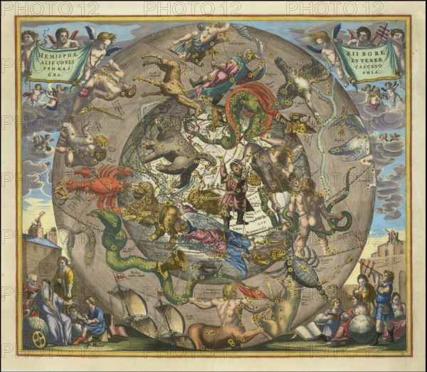 Sky map Hemisphaerii Borealis Coeli et Terrae Sphaerica Scenographia, spherical representation of