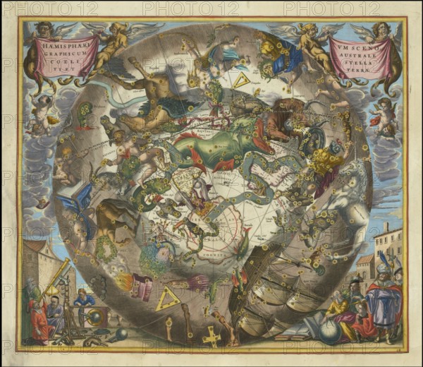 Celestial map of the southern hemisphere with the title Haemisphaerium Scenographicum Australe