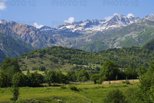 Mountain landscape with snow-capped peaks, green hills and a meadow under a clear sky, landscape