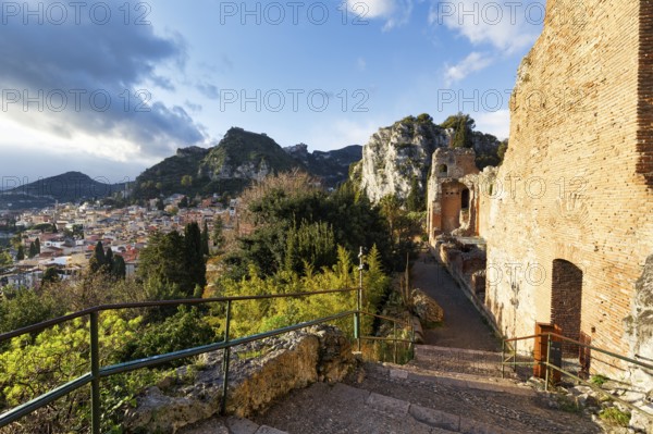 Greek Theatre, Teatro Greco, view of picturesque town, hills and mountains, panoramic view,