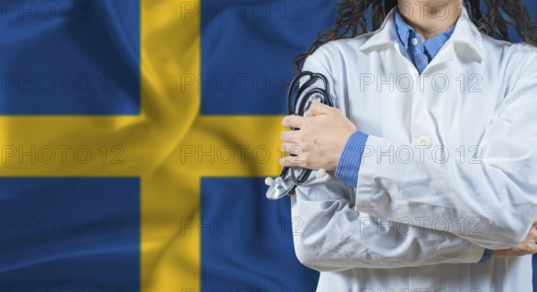 Healthcare professional with Sweden flag background. Professional doctor holding stethoscope on