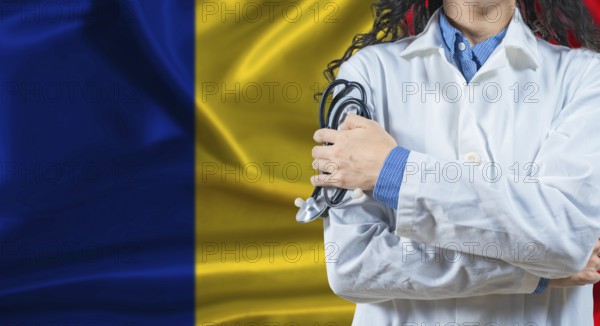 Healthcare professional with Romania flag background. Professional doctor holding stethoscope on