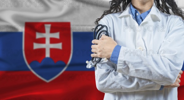 Healthcare professional with Slovakia flag background. Professional doctor holding stethoscope on