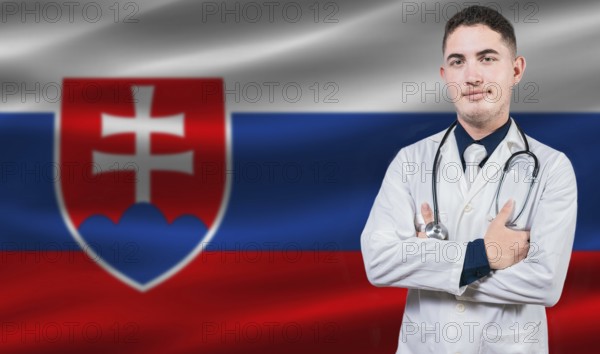 Portrait of medical professional on Slovakia flag background. Slovak national health system