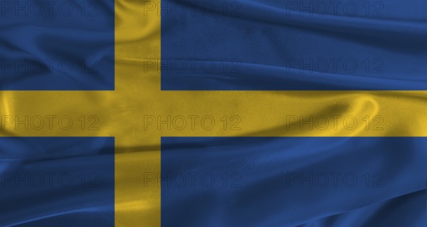 Flag of Sweden with fabric textured background. Close up of National flag of Sweden with realistic