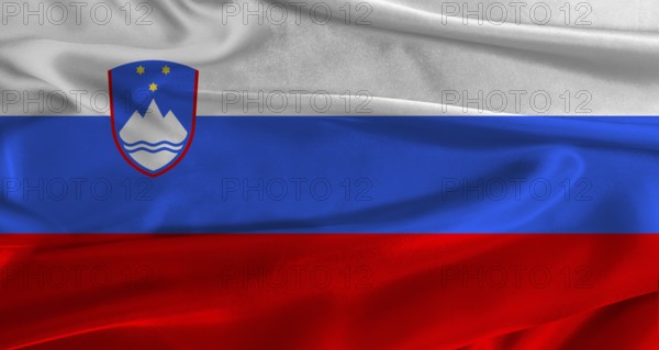 Flag of Slovenia with fabric textured background. Close up of National flag of Slovenia with