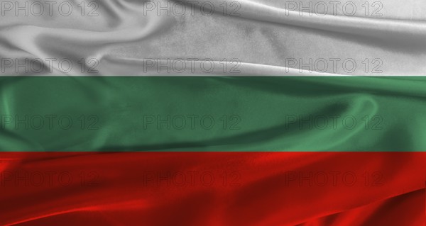 Flag of Bulgaria with fabric textured background. Close up of National flag of Bulgaria with