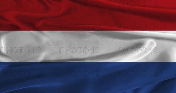 Flag of the Netherlands with fabric textured background. Close up of National flag of the
