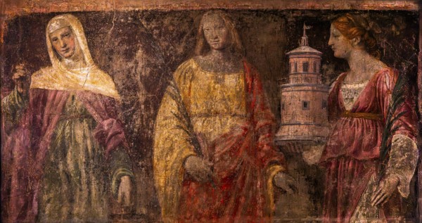 Three Saints — Martha, Catharina and Barbara, fragment of a fresco of St. Martha's Church in Milan,
