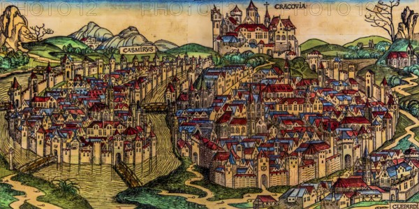 Historical view of Kazimierz, woodcut by M.Wolgemut, Nuremberg 1493, historically significant,