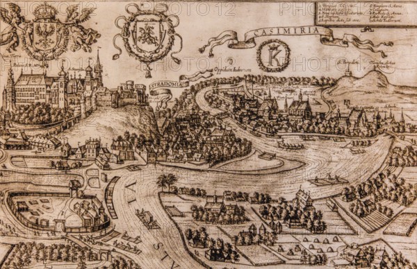 Map of Kazimierz, copper engraving, 1608, Kazimierz Jewish Quarter, historically significant,