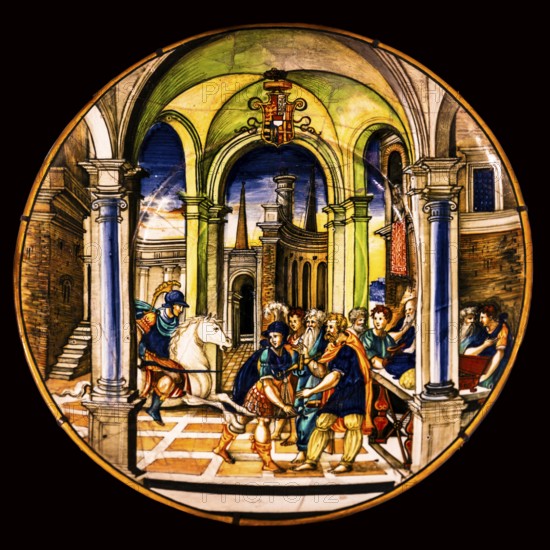 Pottery depicting Camillus saving Rome and the coat of arms of Paleolog-Montferrat, Nicola da