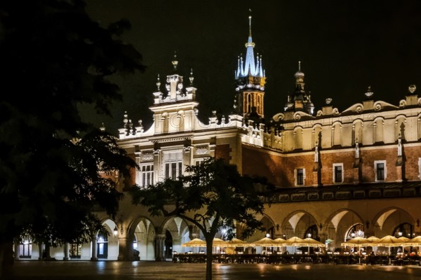 Night view of Rynek with Cloth Hall, from 13th century, Main Market Square, city landmark, Krakow,