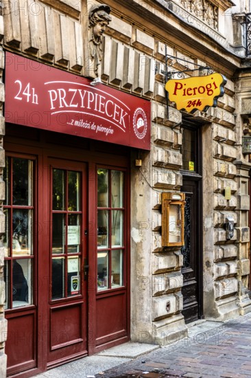 24 hours Pierogi, details of the old town lanes, Krakow, Poland