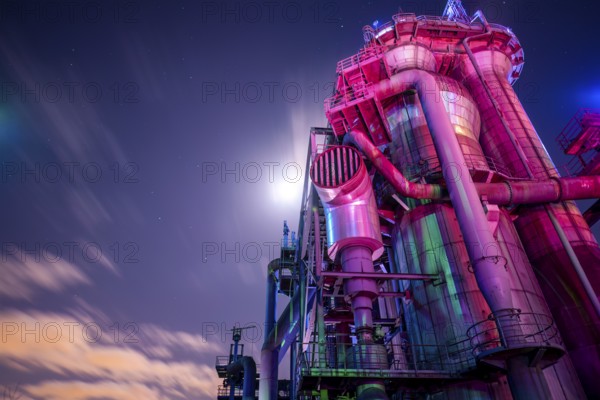Industrial building in purple light under a starry night sky, Landschaftspark Duisburg Nord,