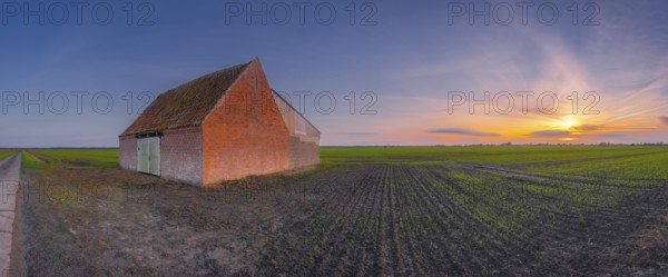 View of a field on which a rural building made of baked stone stands at sunset, Aschwarden,