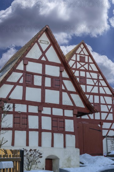 Timbered gables of historic farmhouses, built in 1744, Neunkirchen near Lauf an der Pegnitz, Middle