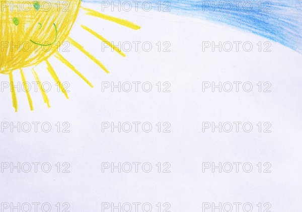 Naive illustration, children's drawing, sun with blue sky, free text, Austria