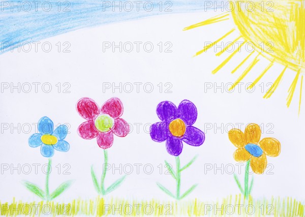 Naive illustration, children's drawing, colorful flower meadow with sun and cloud, Austria