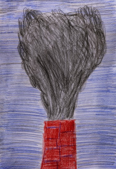 Naive illustration, child drawing, environmental pollution, chimney with plumes of smoke, Austria