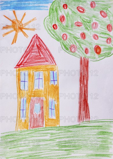 Naive illustration, children's drawing, residential house in the garden with fruit tree, Austria