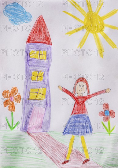 Naive illustration, children's drawing, happy woman standing in front of a residential building,