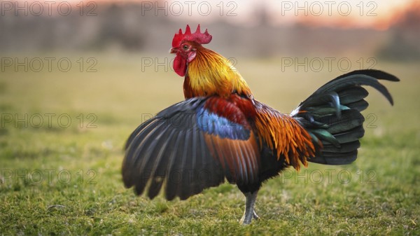 Domestic fowl (Gallus gallus domesticus), wing-flapping colourful rooster and cock with