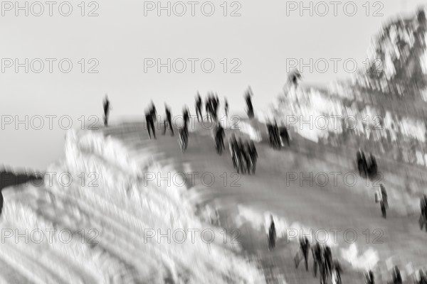 Terraced chalk cliffs Scala dei Turchi, anonymous walkers on Turkish steps, illustration,