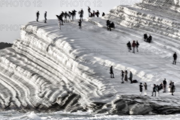 Terraced chalk cliffs Scala dei Turchi, anonymous walkers on Turkish steps, illustration,