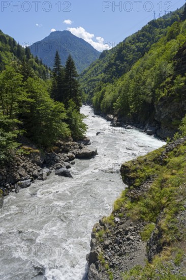 Wide river in the midst of mountainous landscape, Enguri River near Khaishi, Mingrelia and Upper