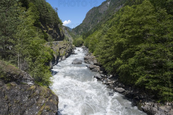 Wild water flows through a rocky valley, Enguri River near Khaishi, Mingrelia and Upper Svaneti