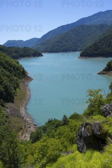 Fascinating panorama of a lake surrounded by mountains, Jvari Reservoir, Enguri River, Mingrelia