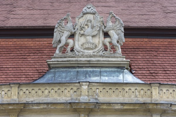 The coat of arms of the Bánffy family at Bánffy Castle, Baroque building from the 18th century,