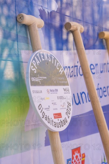 Detailed view of spade and an iconic groundbreaking sign, fiberglass groundbreaking, Freudenstadt,